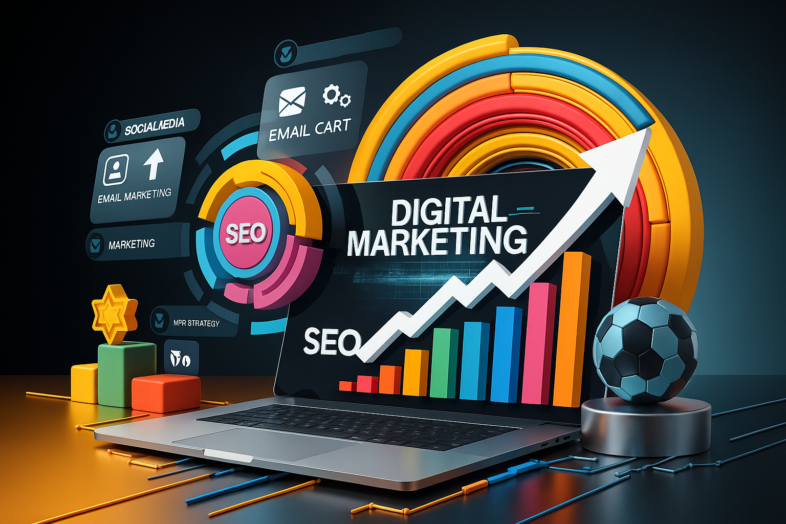 3D illustration of digital marketing and SEO concepts displayed on a laptop screen with colorful graphs, charts, and icons representing email marketing, social media, and online strategy.