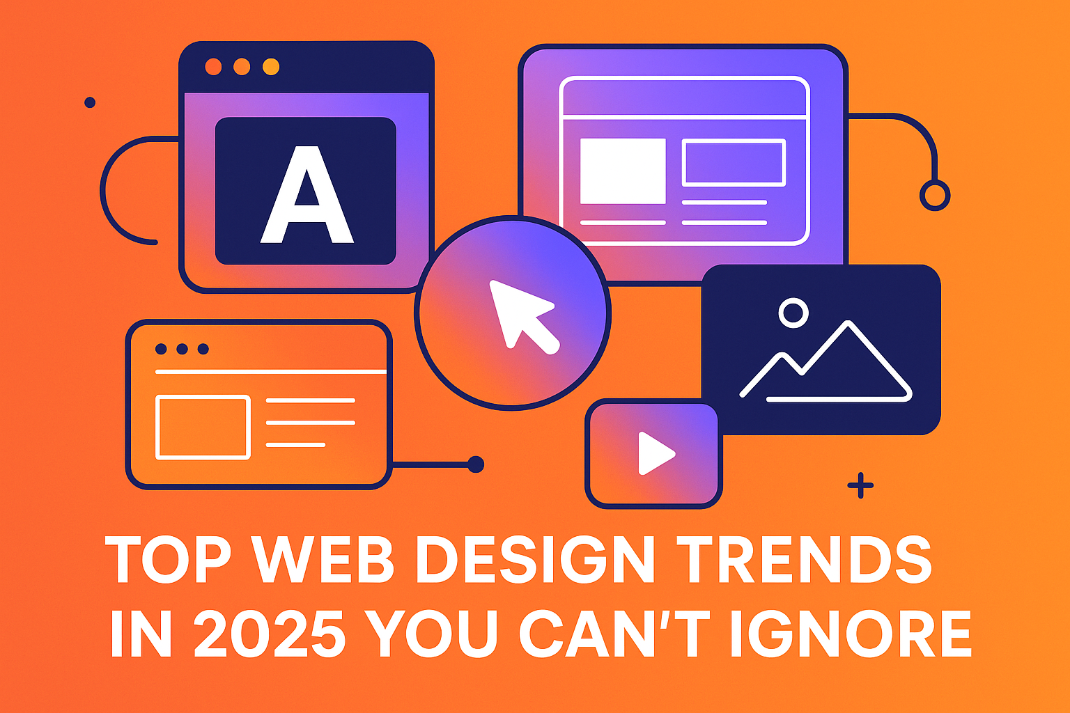 Modern flat illustration showing futuristic web design elements for 2025 trends, including responsive layouts, bold typography, vibrant gradients, and interactive UI features.