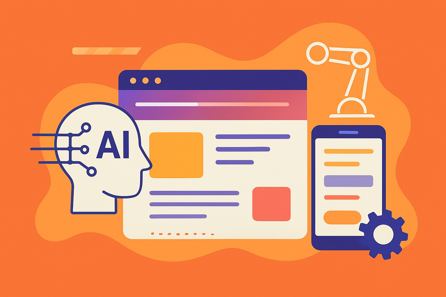 Illustration of artificial intelligence integrating with modern website design, featuring AI-powered tools, responsive layouts, and automated design elements.