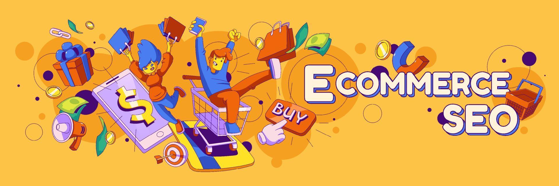 Colorful illustration of eCommerce SEO concept with animated characters shopping, holding bags, using mobile devices, and a large “Ecommerce SEO” text surrounded by icons of money, gifts, shopping carts, and marketing elements.
