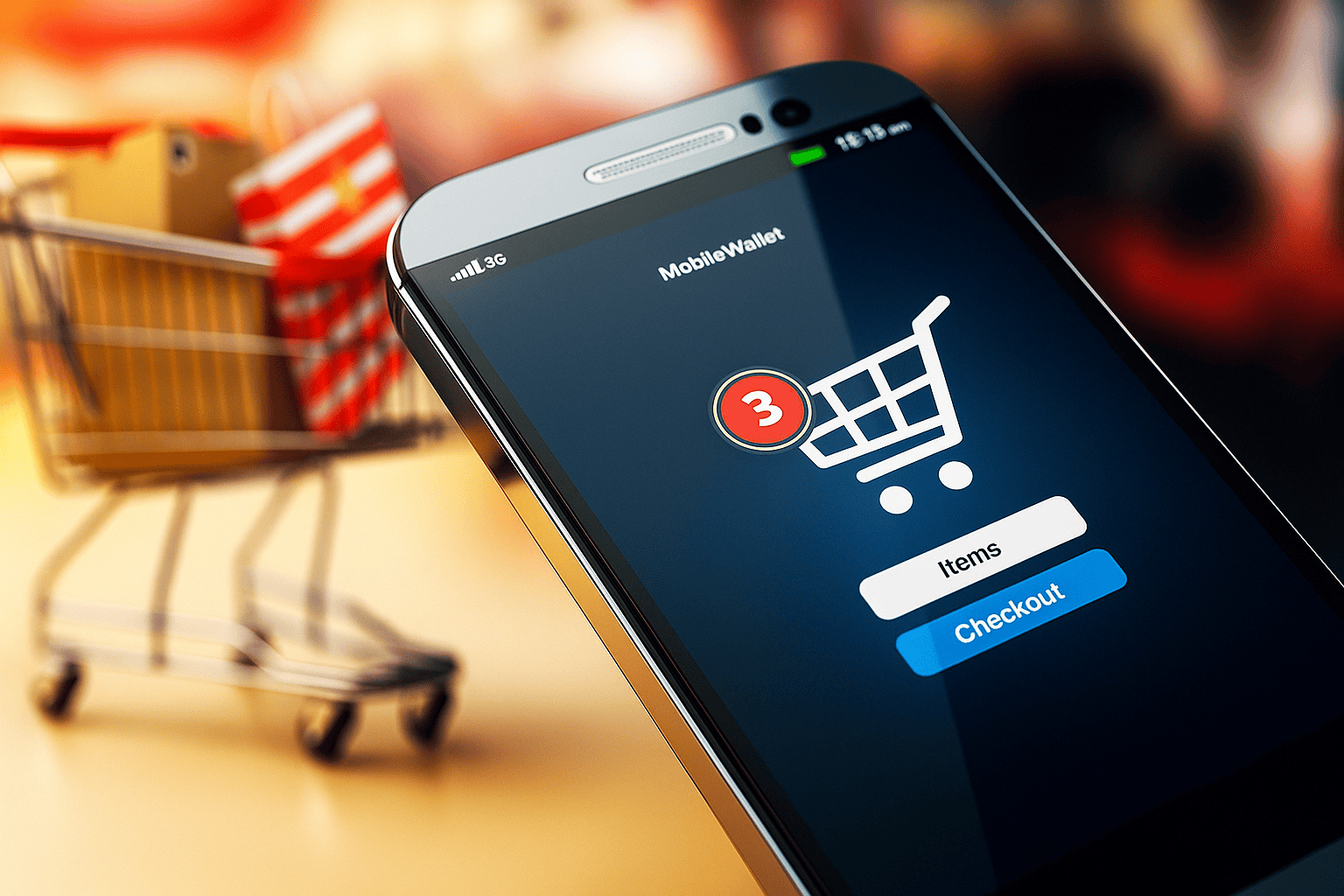 Close-up of a smartphone screen displaying a mobile shopping cart app with three items and a checkout button, with a blurred shopping cart and gift boxes in the background.