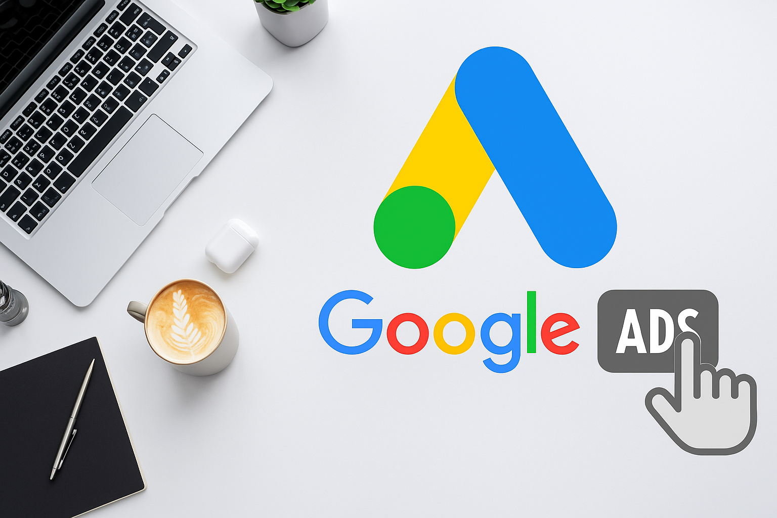 Workspace with laptop, coffee cup, notebook, and Google Ads logo on white desk.