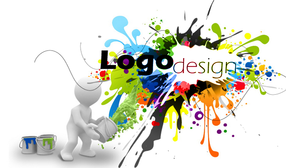 3D character pouring green paint that splashes into a colorful explosion with the words 'Logo design' in the center.
