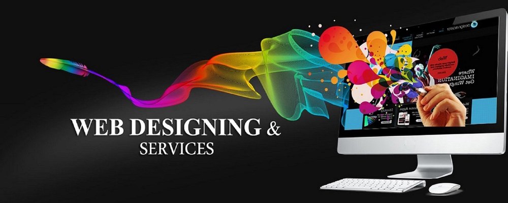 Web designing services concept with colorful creative design flowing from a computer screen on a black background
